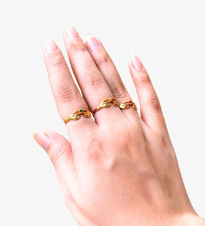 Vintage Claddagh Ring with Pearl, Ruby & Emerald: 18K Gold-Plated Sterling Silver Adjustable