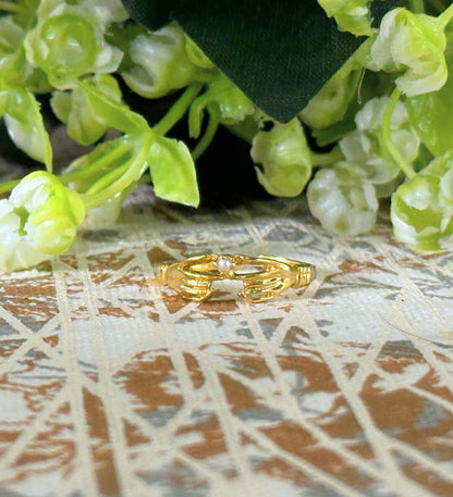 Vintage Claddagh Ring with Pearl, Ruby & Emerald: 18K Gold-Plated Sterling Silver Adjustable