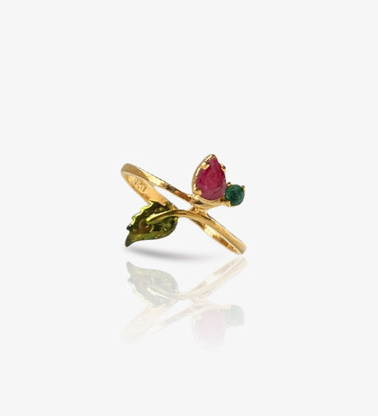 Ruby & Emerald Ring: 18K Gold Plated 925 Sterling Silver Adjustable Band: Floral Jewelry