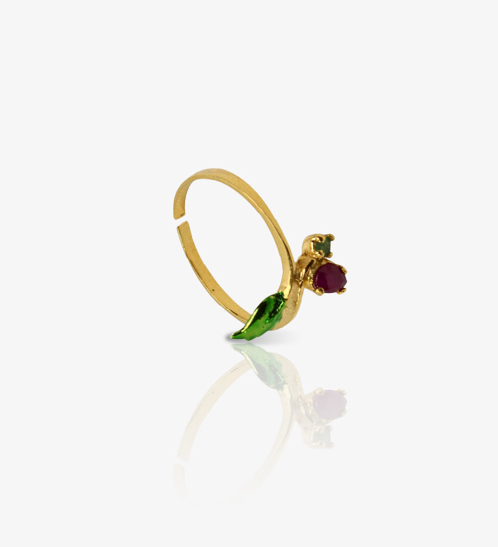 Ruby & Emerald Ring: 18K Gold Plated 925 Sterling Silver Adjustable Band: Floral Jewelry