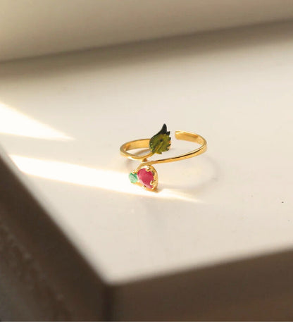 Ruby & Emerald Ring: 18K Gold Plated 925 Sterling Silver Adjustable Band: Floral Jewelry