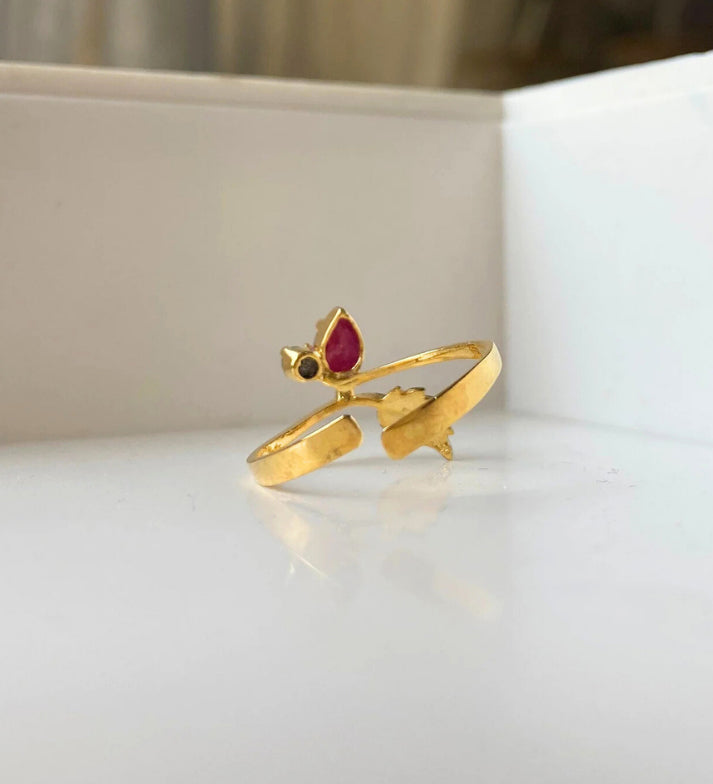 Ruby & Emerald Ring: 18K Gold Plated 925 Sterling Silver Adjustable Band: Floral Jewelry