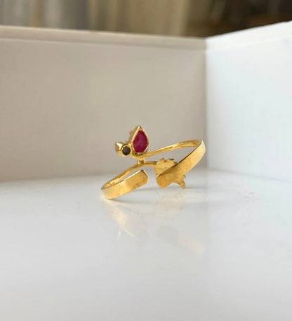 Ruby & Emerald Ring: 18K Gold Plated 925 Sterling Silver Adjustable Band: Floral Jewelry