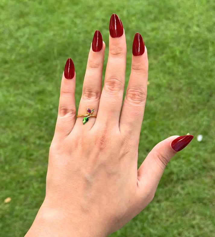 Ruby & Emerald Ring: 18K Gold Plated 925 Sterling Silver Adjustable Band: Floral Jewelry