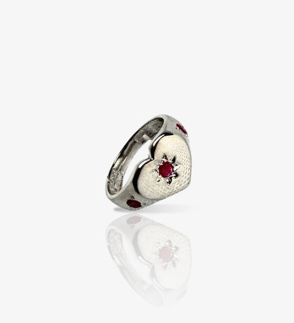Heart Signet Ring: 925 Sterling Silver Rhodium Plated: Ruby Emerald Sapphire Birthstone Jewelry