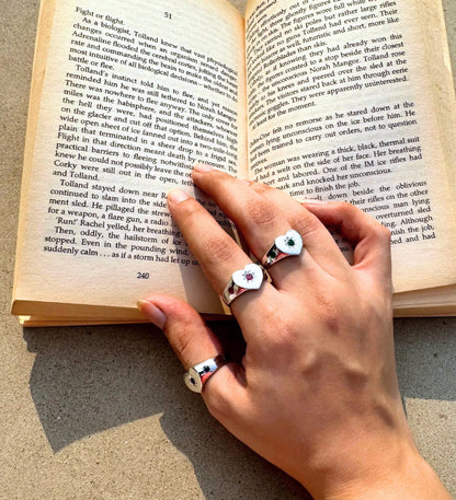 Heart Signet Ring: 925 Sterling Silver Rhodium Plated: Ruby Emerald Sapphire Birthstone Jewelry