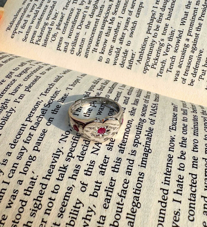 Heart Signet Ring: 925 Sterling Silver Rhodium Plated: Ruby Emerald Sapphire Birthstone Jewelry