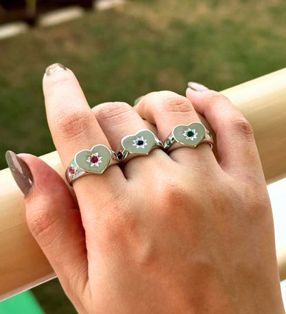 Heart Signet Ring: 925 Sterling Silver Rhodium Plated: Ruby Emerald Sapphire Birthstone Jewelry