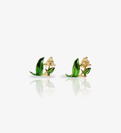 Flower Pearl Stud Earrings: 18K Gold Plated 925 Sterling Silver: Hand Painted Floral Jewelry