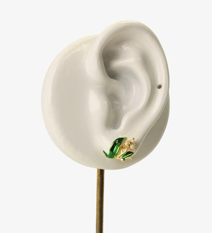 Flower Pearl Stud Earrings: 18K Gold Plated 925 Sterling Silver: Hand Painted Floral Jewelry