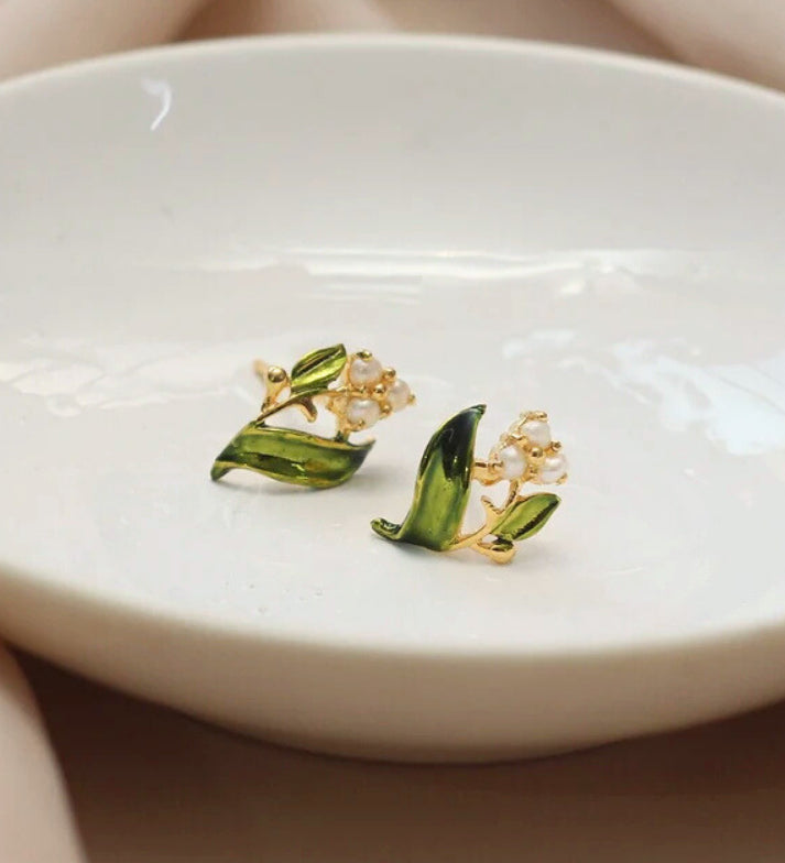 Flower Pearl Stud Earrings: 18K Gold Plated 925 Sterling Silver: Hand Painted Floral Jewelry