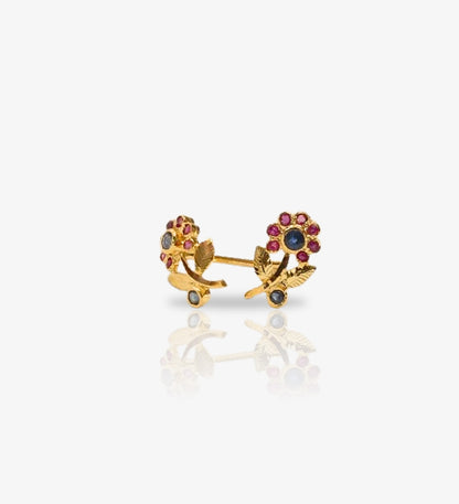Ruby Sapphire Flower Stud Earrings: 18k Gold Plated 925 Sterling Silver: Floral Gemstone Jewelry