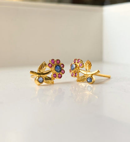 Ruby Sapphire Flower Stud Earrings: 18k Gold Plated 925 Sterling Silver: Floral Gemstone Jewelry