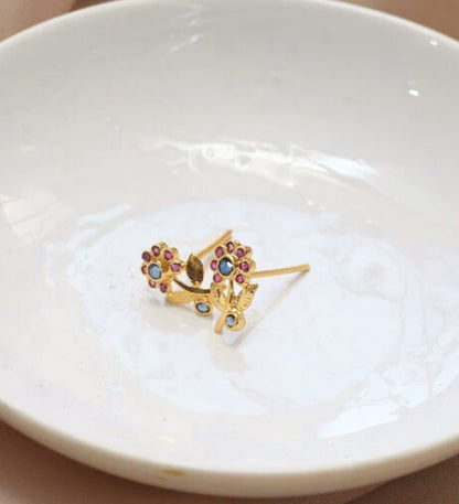 Ruby Sapphire Flower Stud Earrings: 18k Gold Plated 925 Sterling Silver: Floral Gemstone Jewelry