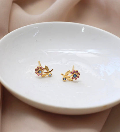 Ruby Sapphire Flower Stud Earrings: 18k Gold Plated 925 Sterling Silver: Floral Gemstone Jewelry