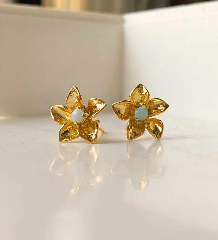 Opal Flower Stud Earrings: 18k Gold Plated 925 Sterling Silver: Floral Jewelry