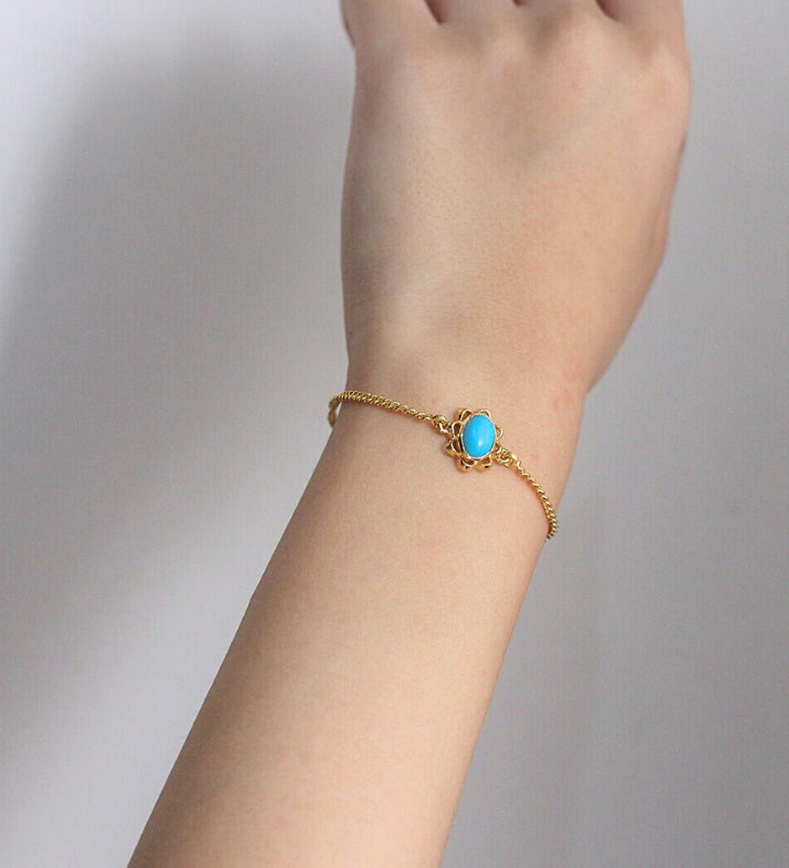 Oval Turquoise Flower Bracelet: 18k Gold Plated 925 Sterling Silver Floral Gemstone Jewelry