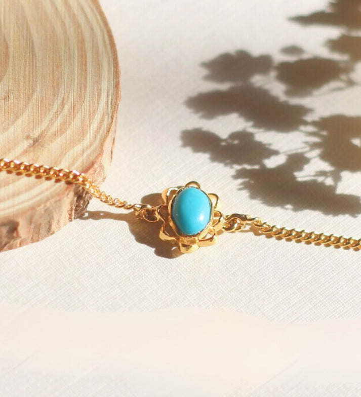 Oval Turquoise Flower Bracelet: 18k Gold Plated 925 Sterling Silver Floral Gemstone Jewelry