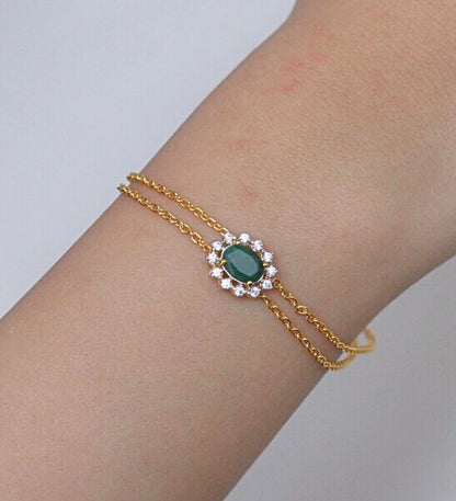 Emerald Bracelet with Zircon Halo: 18k Gold Plated Sterling Silver May Birthstone