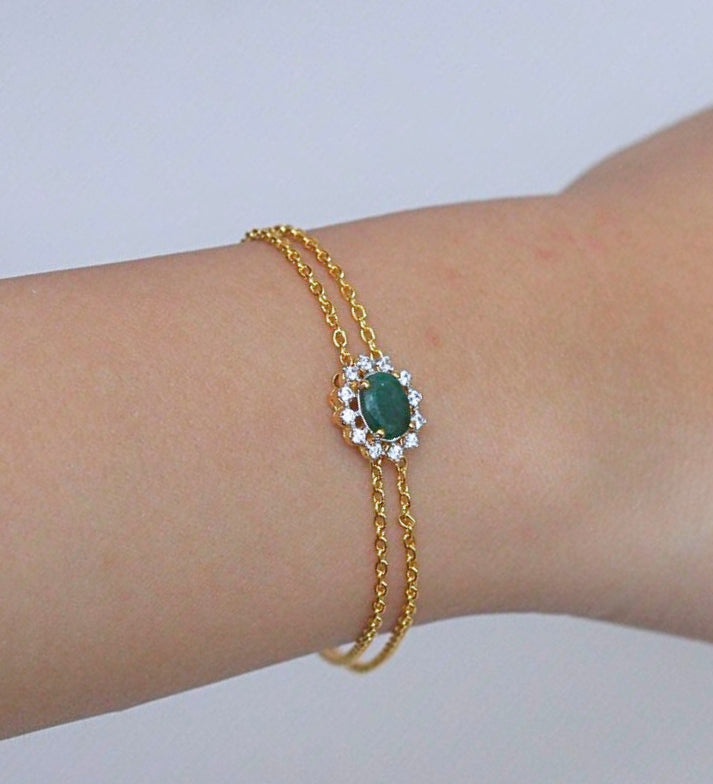 Emerald Bracelet with Zircon Halo: 18k Gold Plated Sterling Silver May Birthstone