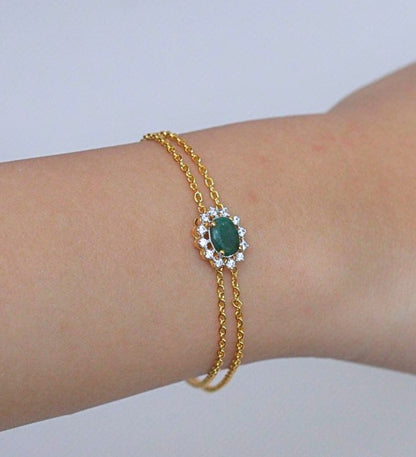 Emerald Bracelet with Zircon Halo: 18k Gold Plated Sterling Silver May Birthstone