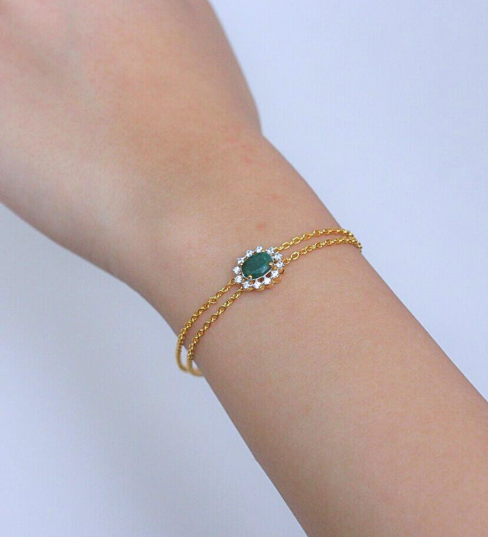 Emerald Bracelet with Zircon Halo: 18k Gold Plated Sterling Silver May Birthstone