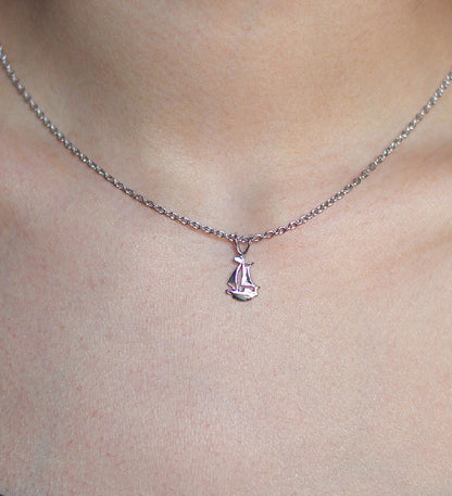 Dainty Sailboat Pendant Necklace – 925 Sterling Silver Rhodium Plated – Minimalist Sailor Jewelry
