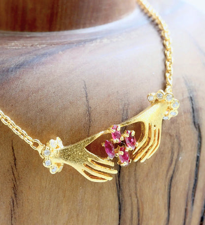 Vintage Claddagh Inspired Ruby Necklace – 18K Gold Plated 925 Sterling Silver – Minimalist Friendship Symbol Jewelry