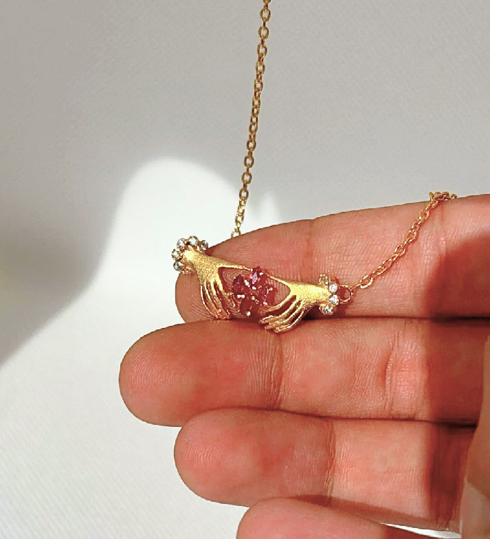 Vintage Claddagh Inspired Ruby Necklace – 18K Gold Plated 925 Sterling Silver – Minimalist Friendship Symbol Jewelry