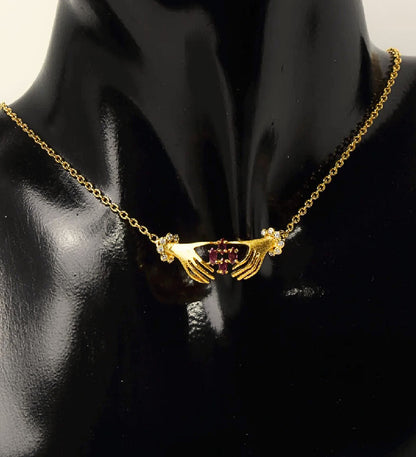 Vintage Claddagh Inspired Ruby Necklace – 18K Gold Plated 925 Sterling Silver – Minimalist Friendship Symbol Jewelry