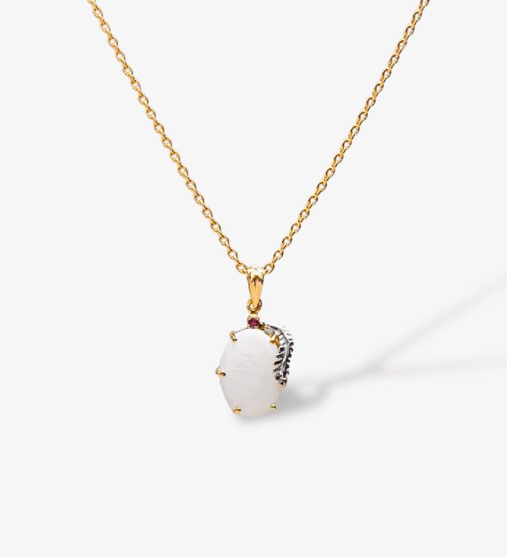 Oval Mother of Pearl Pendant Necklace | 18K Gold Plated 925 Sterling Silver | Ruby Accent Minimalist Jewelry