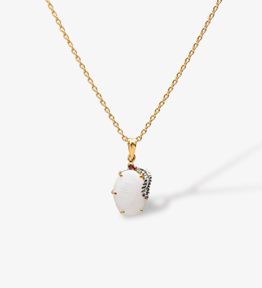 Oval Mother of Pearl Pendant Necklace | 18K Gold Plated 925 Sterling Silver | Ruby Accent Minimalist Jewelry