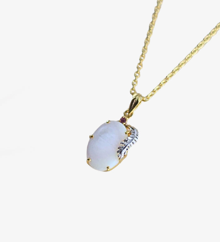 Oval Mother of Pearl Pendant Necklace | 18K Gold Plated 925 Sterling Silver | Ruby Accent Minimalist Jewelry