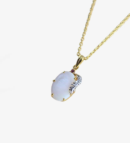 Oval Mother of Pearl Pendant Necklace | 18K Gold Plated 925 Sterling Silver | Ruby Accent Minimalist Jewelry