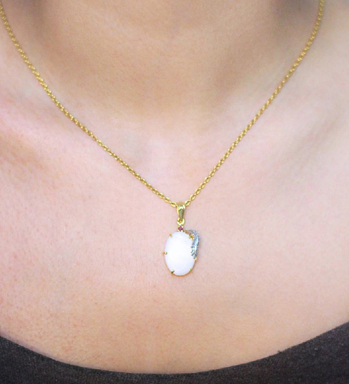 Oval Mother of Pearl Pendant Necklace | 18K Gold Plated 925 Sterling Silver | Ruby Accent Minimalist Jewelry