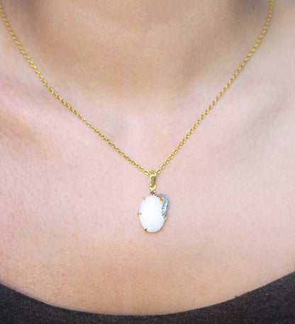 Oval Mother of Pearl Pendant Necklace | 18K Gold Plated 925 Sterling Silver | Ruby Accent Minimalist Jewelry