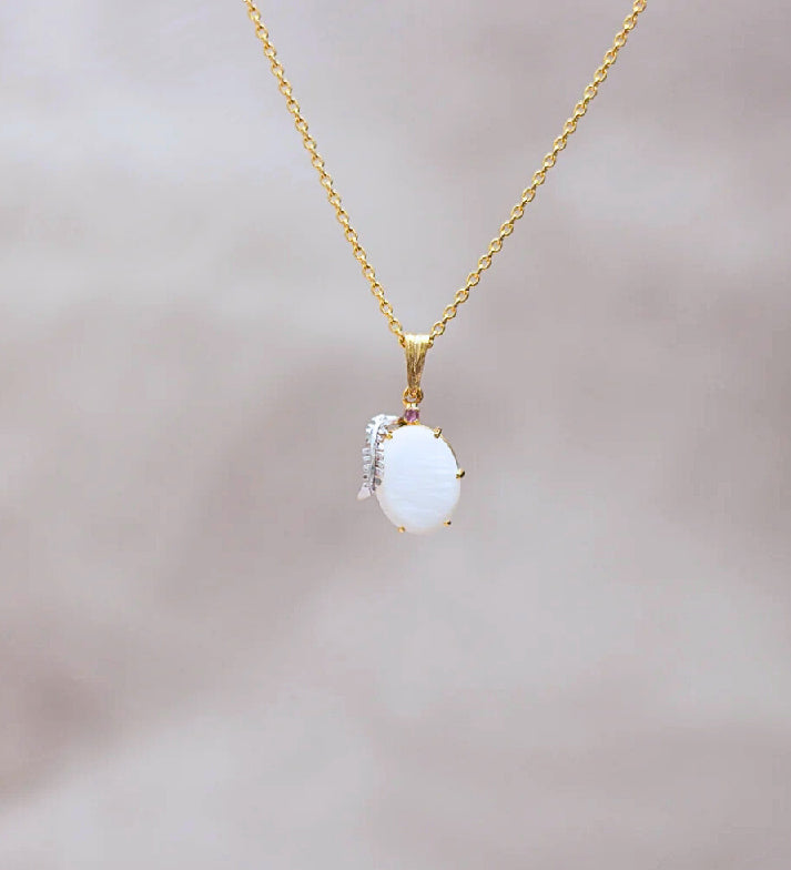 Oval Mother of Pearl Pendant Necklace | 18K Gold Plated 925 Sterling Silver | Ruby Accent Minimalist Jewelry