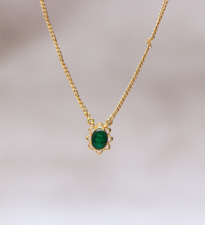 Emerald Flower Pendant Necklace | 18K Gold Plated 925 Sterling Silver | Birthstone Floral Minimalist Jewelry