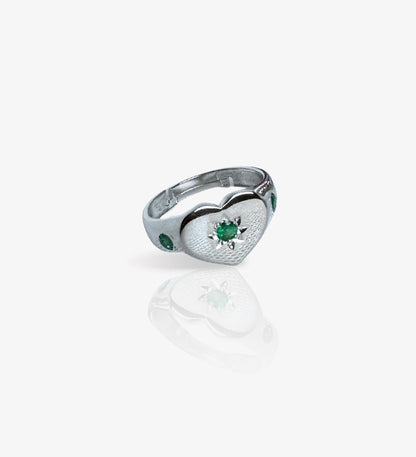 Heart Signet Ring: 925 Sterling Silver Rhodium Plated: Ruby Emerald Sapphire Birthstone Jewelry